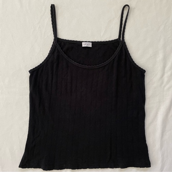 LESET Pointelle Tank Top Black Cotton XL - Picture 3 of 9